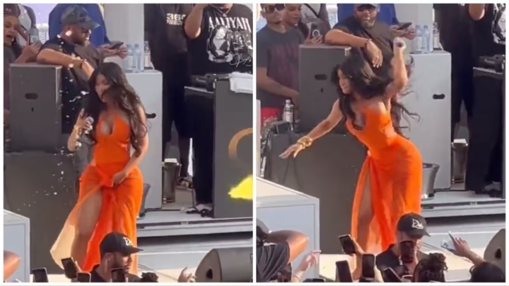 Rapper Cardi B threw her microphone at an audience member after they splashed her with a drink during a performance in Las Vegas. The incident was caught on video and has gone viral. Cardi B was performing at Drai's Beach Club on July 29 when the audience member threw the drink at her. She responded by throwing her microphone at the person, who was then escorted out of the venue.