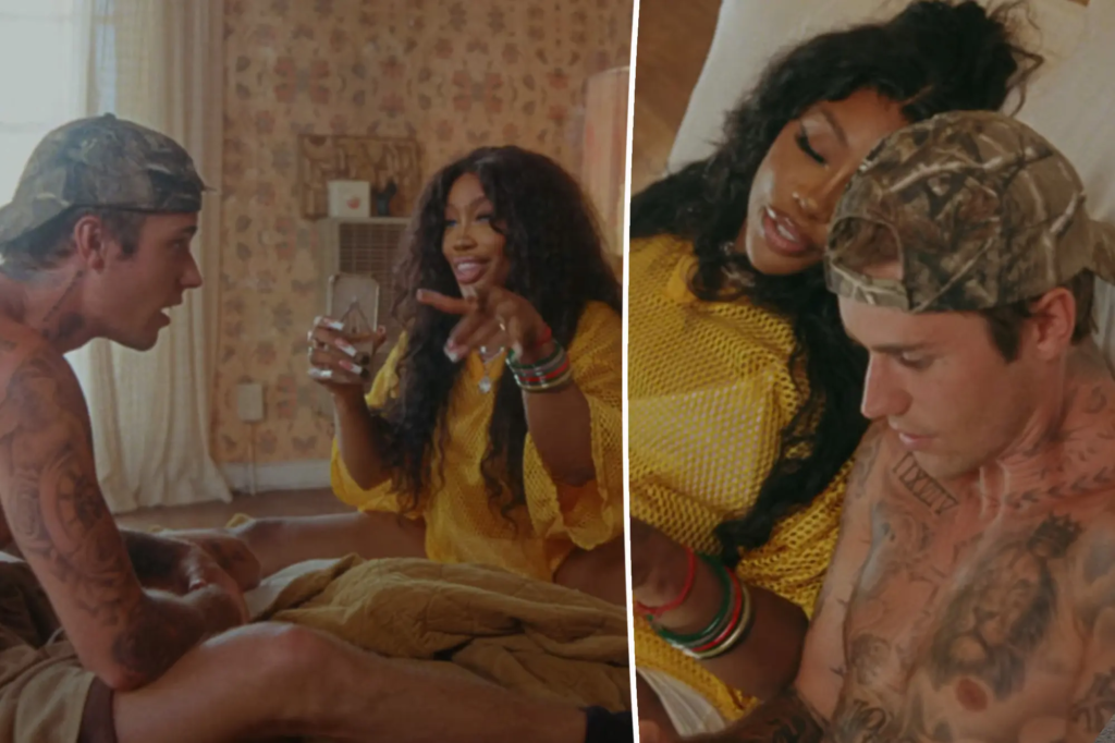 "SZA and Justin Bieber create sizzling chemistry in the 'Snooze' music video, showcasing a tale of passionate romance and intimate moments."
