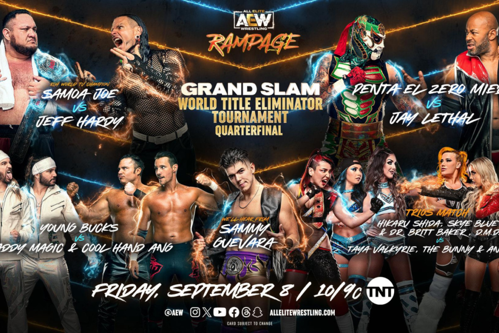  "Catch up on the action from the latest episode of AEW Rampage on September 8, featuring the Grand Slam Eliminator tournament, exciting matchups, and live grades. Find out who emerged victorious and the standout moments from the show."

