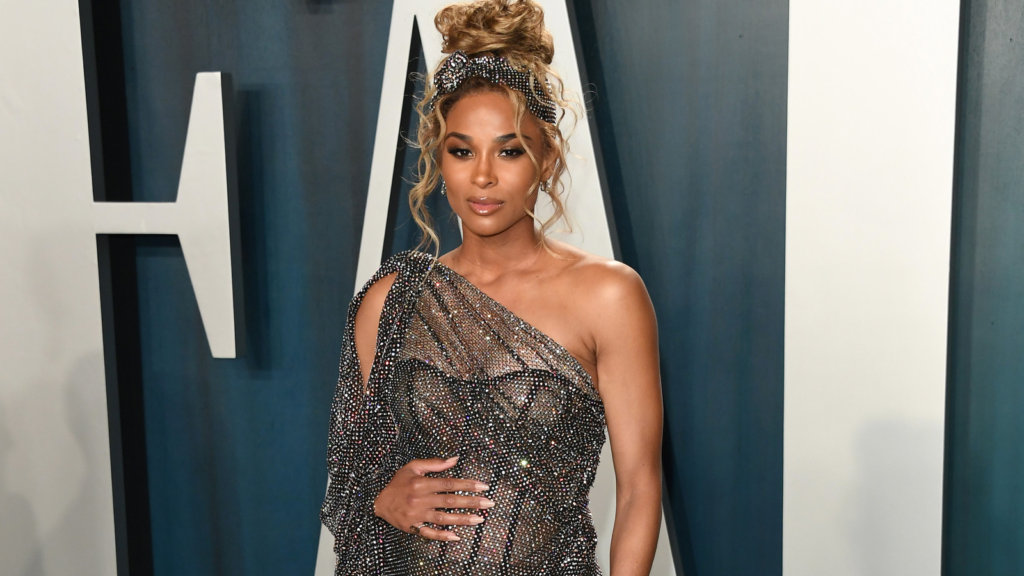 "Join Ciara in the final stretch of her stylish pregnancy journey, as she showcases her baby bump in a monochromatic masterpiece. A tale of glamour, love, and anticipation."
