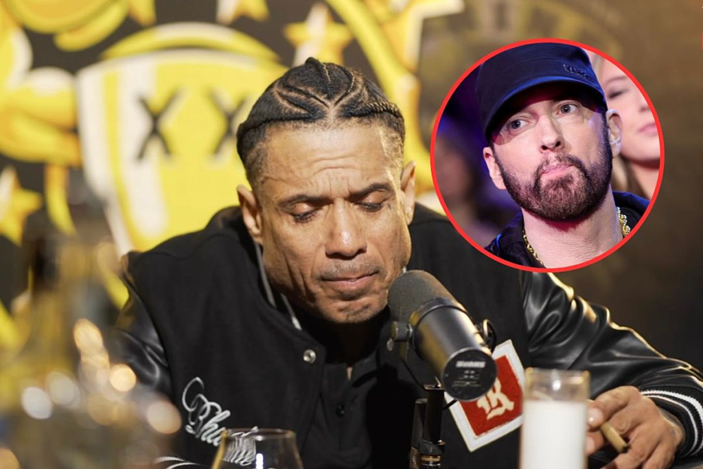 "In a candid interview on Drink Champs, Benzino gets emotional discussing his enduring rap feud with Eminem, expressing a desire for reconciliation."
