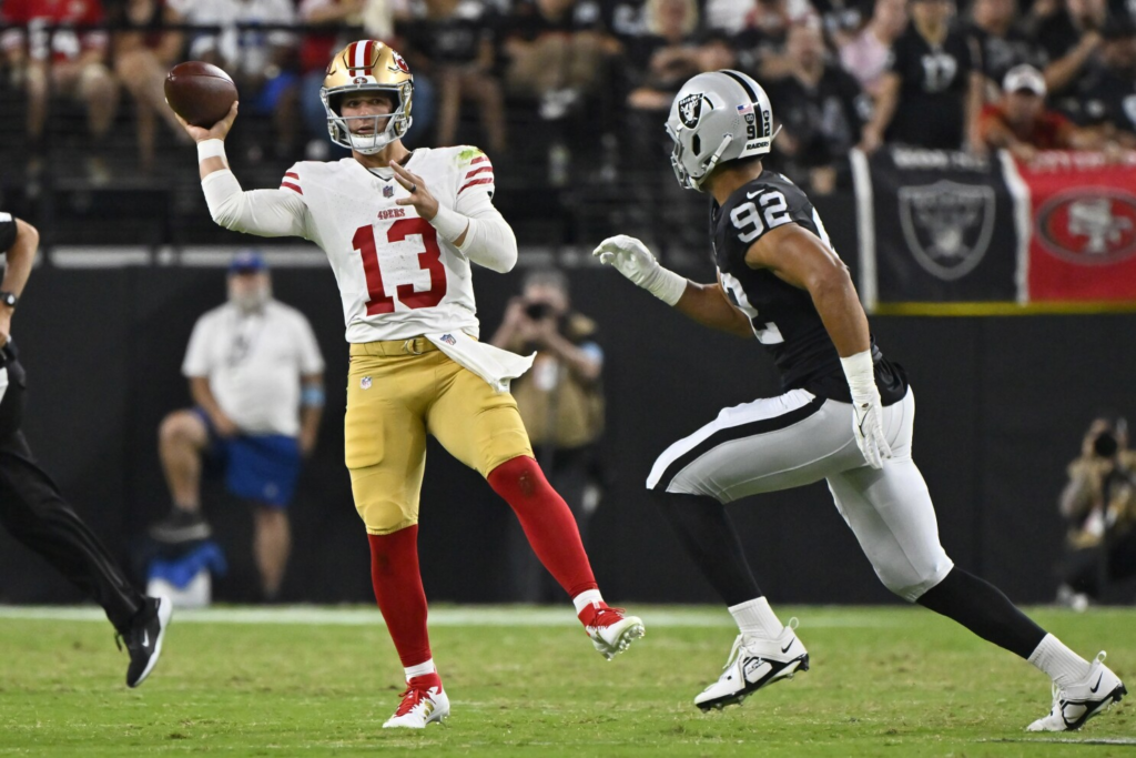 In a thrilling preseason matchup, Brock Purdy delivered a performance marked by ups and downs as the San Francisco 49ers ended their game in a 24-24 tie with the Las Vegas Raiders. Despite some standout plays, Purdy's inconsistencies were evident, leaving fans and analysts with much to discuss.





